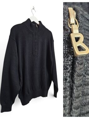Vintage Bogner Sweater Mens M Wool Blend Quarter Zip Mock Neck Ski Black Italian